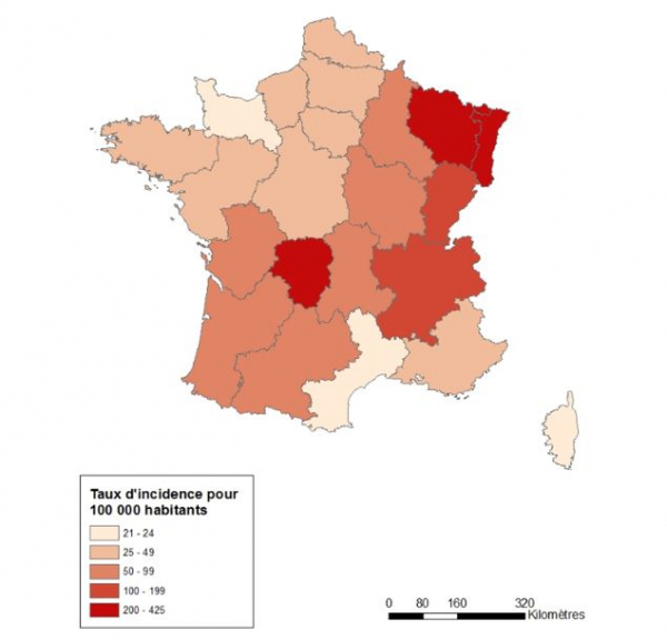 Taux d’incidence annuels pour 100 000 habitants des cas de borréliose de Lyme vus en consultation de médecine générale par région (intervalle de confiance à 95%), Réseau Sentinelles, France métropolitaine, 2009-2019